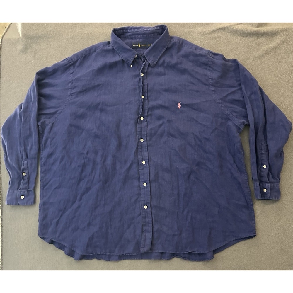 Polo Ralph Lauren Mens 3XB Big Navy Blue Linen Short Sleeve Button Down Shirt